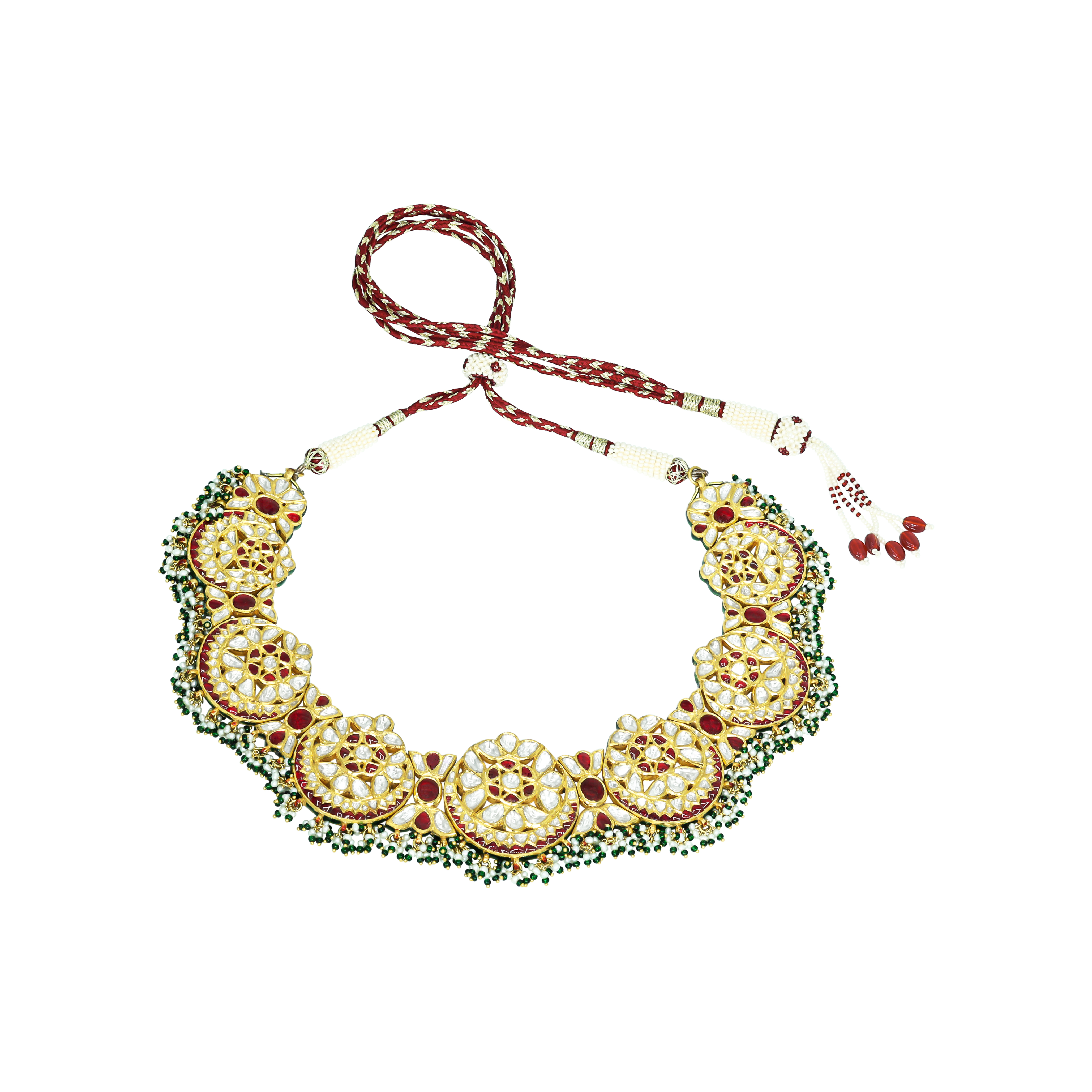 Crescent Polki Necklace Set with Red Talaf, Emeralds, and Pearls